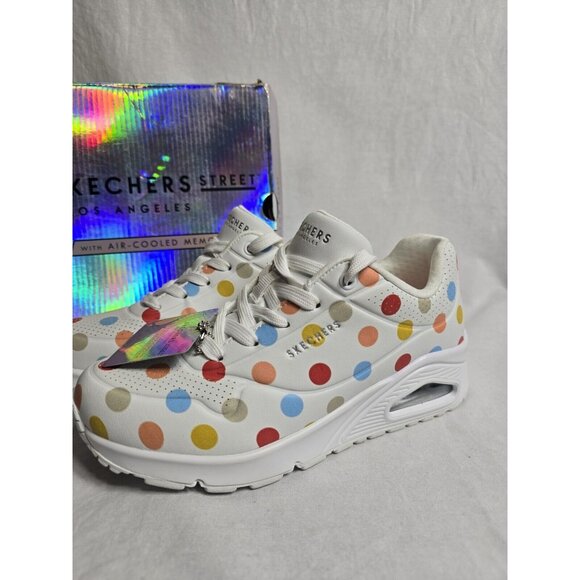 Womens SKECHERS STREET UNO-SPOTTED AIR White Multi Dot LEATHER Shoes 6 - Picture 2 of 16